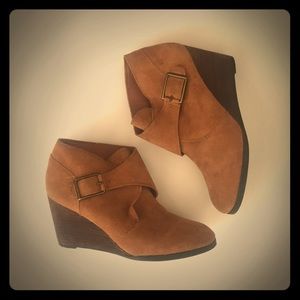 Camel Leather Wedge Booties